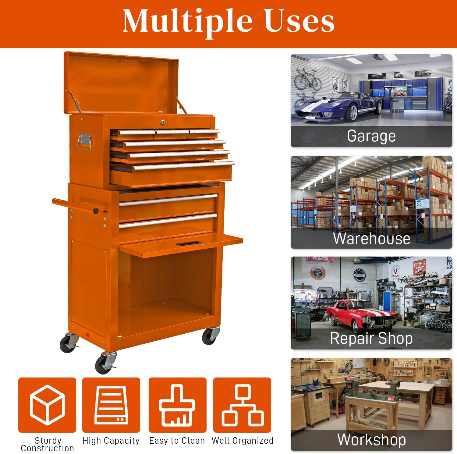 High Capacity Rolling Tool Chest with 8-Drawer Tool Box on Wheels Multifunctional Tool Cart Mechanic Tool Storage Cabinet for Garage, Warehouse, Workshop, Repair Shop (Orange)
