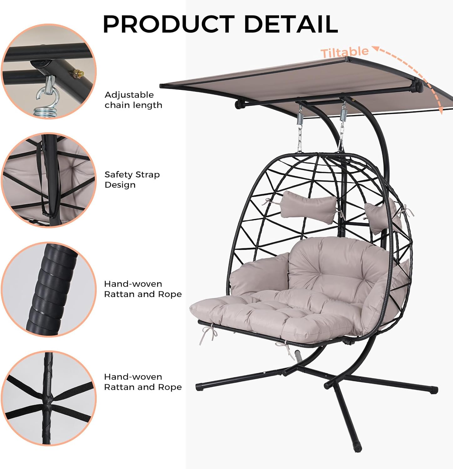 Double Egg Chair Outdoor with Stand & Canopy, 2 Person Hanging Egg Chair with Footrest, Oversized Rattan Wicker Egg Swing Chair with Lights for Bedroom Garden, 660Lbs, Black-Light Gray