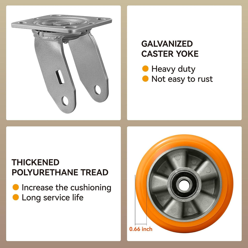 Caster Wheels, 5' Heavy Duty Industrial Swivel Caster, Crowned Tread Aluminum Core Thickened Polyurethane Casters Set of 4, Wheels for Cart Toolbox (2 Brake & 2 Rigid)