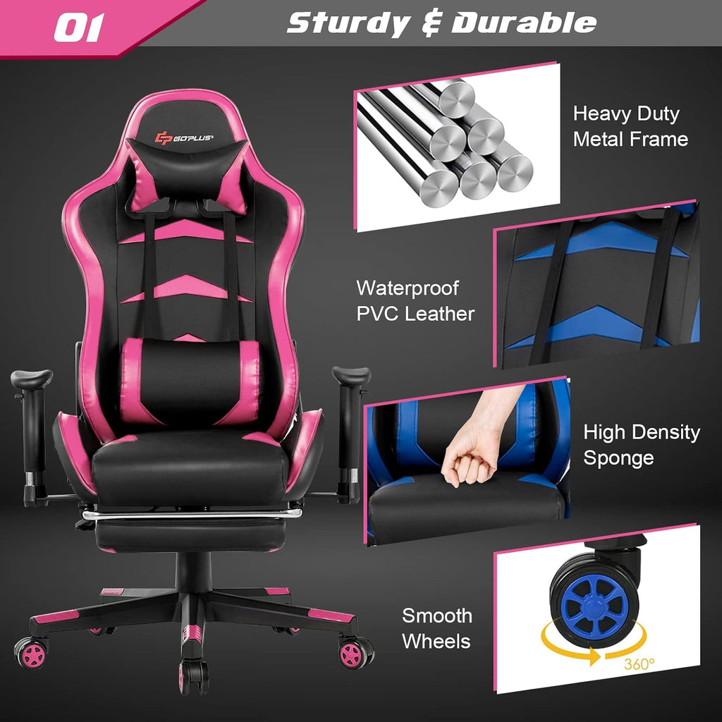 GORELAX Massage Gaming Chair, Reclining Computer Chair w/Lumbar Support, Adjustable Arms, Footrest, High Back Racing Style Ergonomic Home Office Chair for Heavy People (Pink)