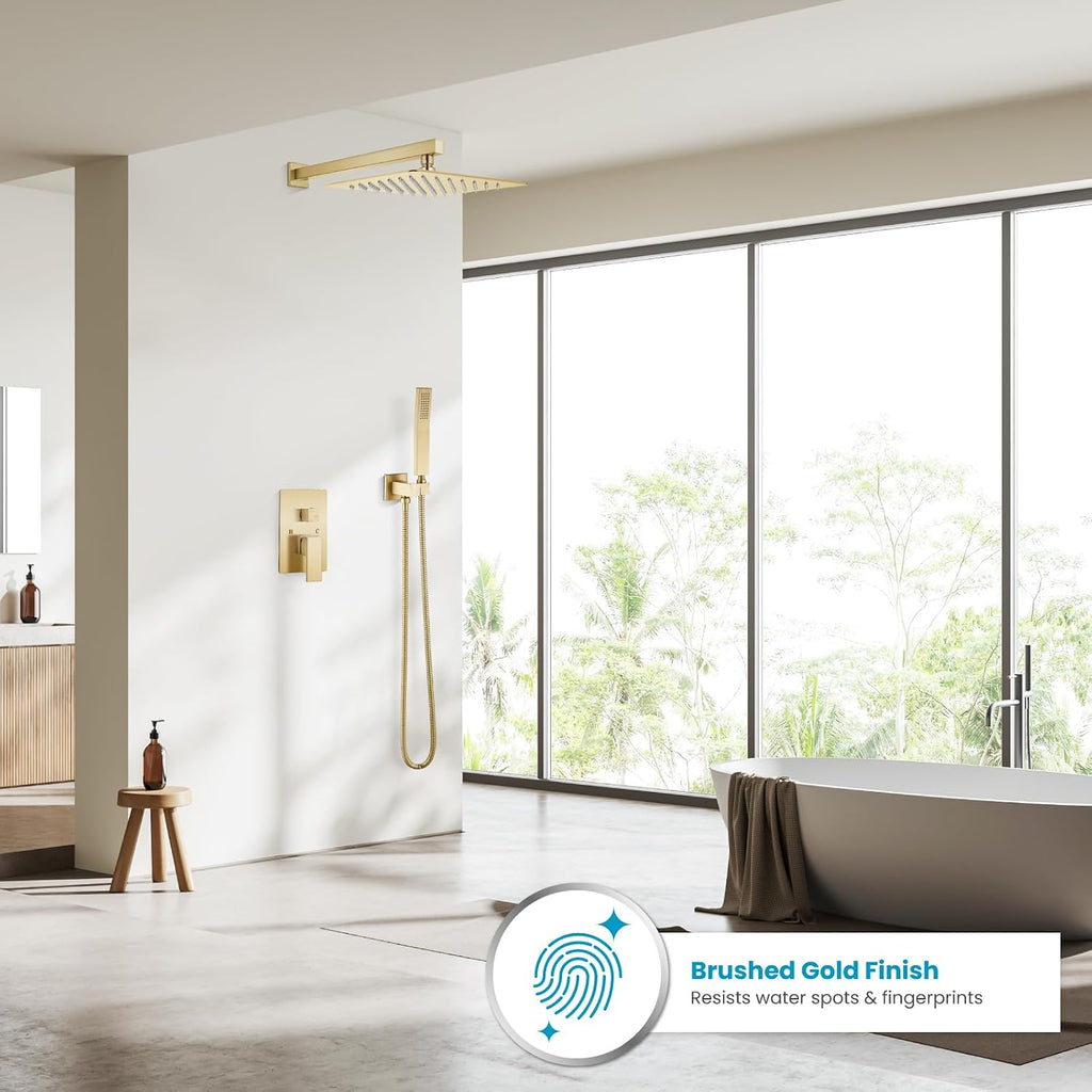 gotonovo Rainfall Bathroom Shower System Rain Shower Head and Handle Set Wall Mounted Shower Complete Combo Solid Brass Pressure Balancing Shower Mixer Valve 12 Inch Brushed Gold