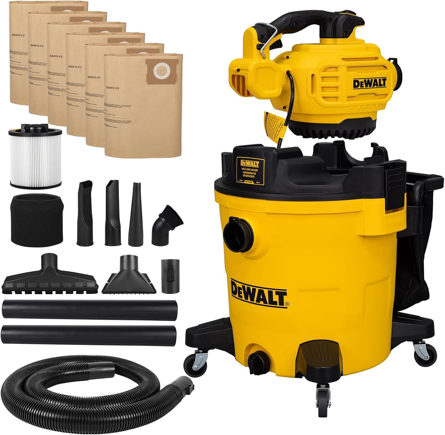 DEWALT 12 Gal Shop Vac, 5.5 HP Wet Dry Vac with Detachable Blower, High-Capacity Cleaner for Garage, Car, Workshop & Outdoor Leaves, All-in-1 DXV212PA (Reusable Bag)