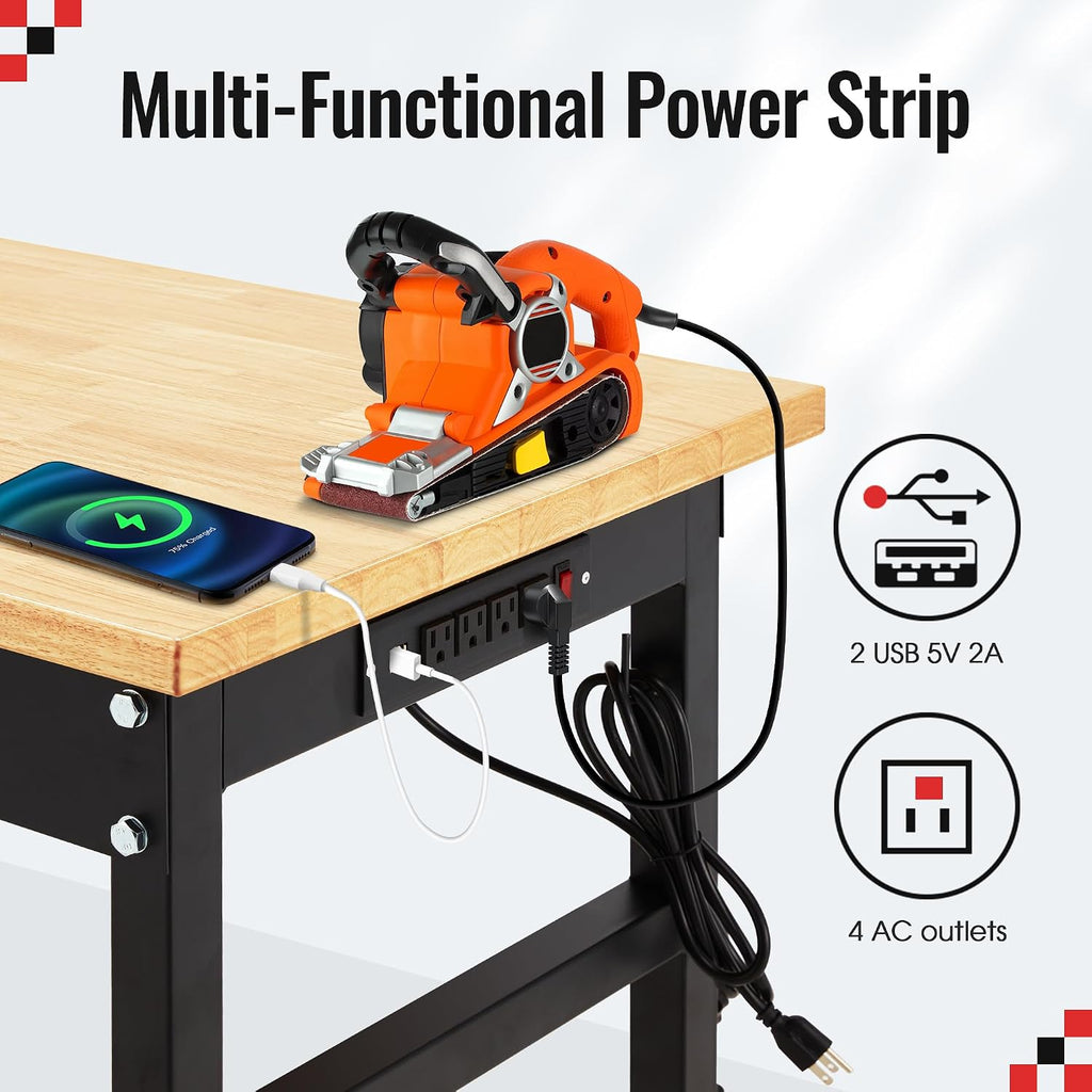 48 * 20'' Adjustable Workbench, 2000 LBS Load Capacity Heavy Duty Workstation with Power Outlets, Rubber Wood Top Worktable for Garage, Office,Workshop, Commercial