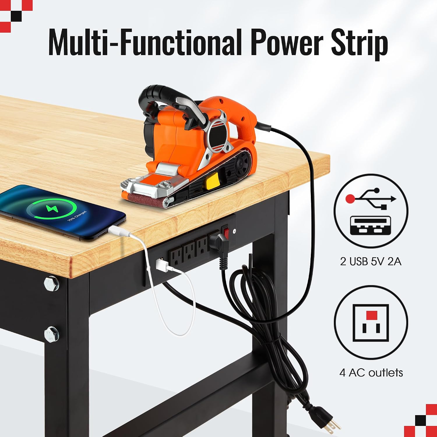 48 * 20'' Adjustable Workbench, 2000 LBS Load Capacity Heavy Duty Workstation with Power Outlets, Rubber Wood Top Worktable for Garage, Office,Workshop, Commercial