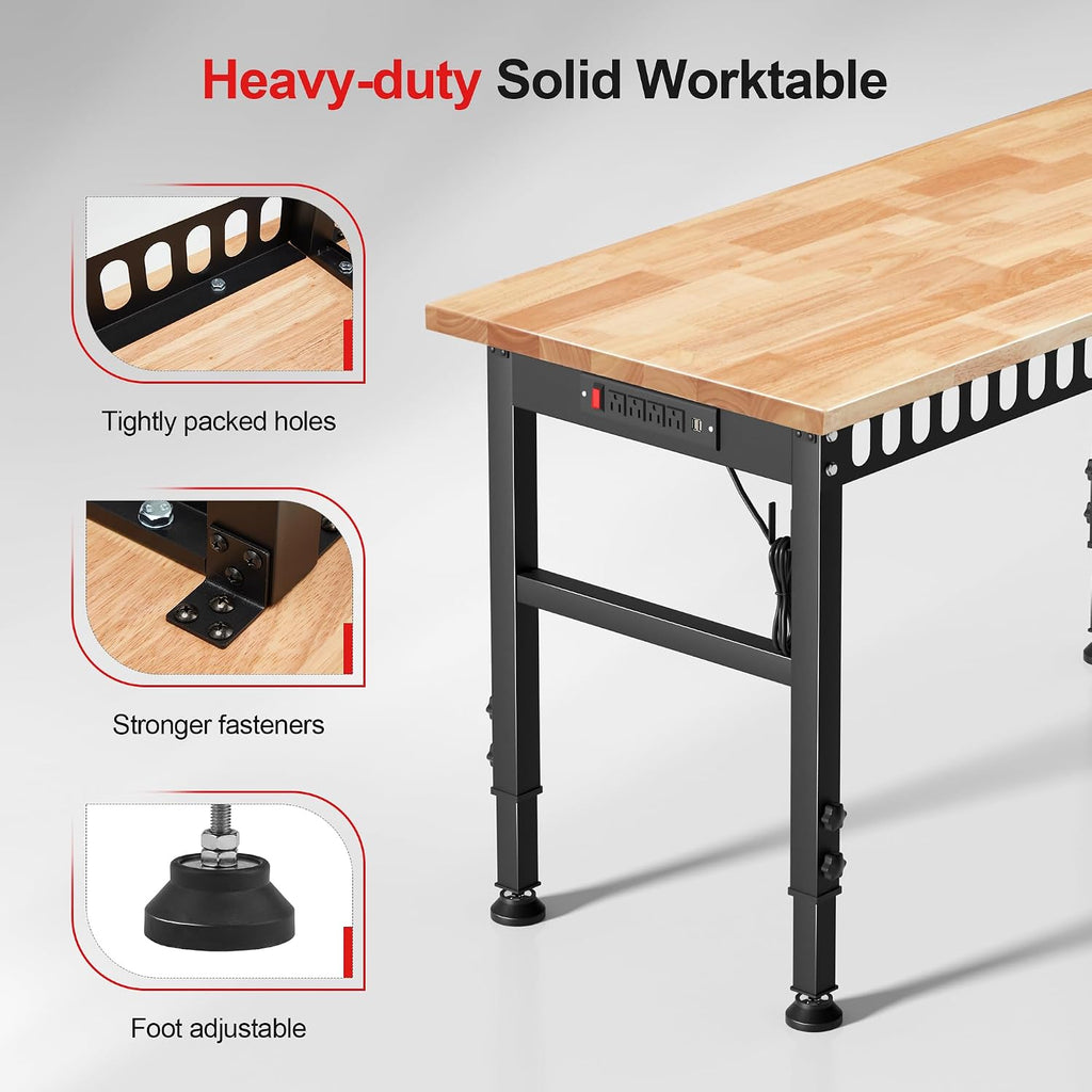 48'' Adjustable Workbench, 2000 LBS Load Capacity Heavy Duty Workstation with Power Outlets, Rubber Wood Top Worktable for Garage, Office,Workshop, Commercial