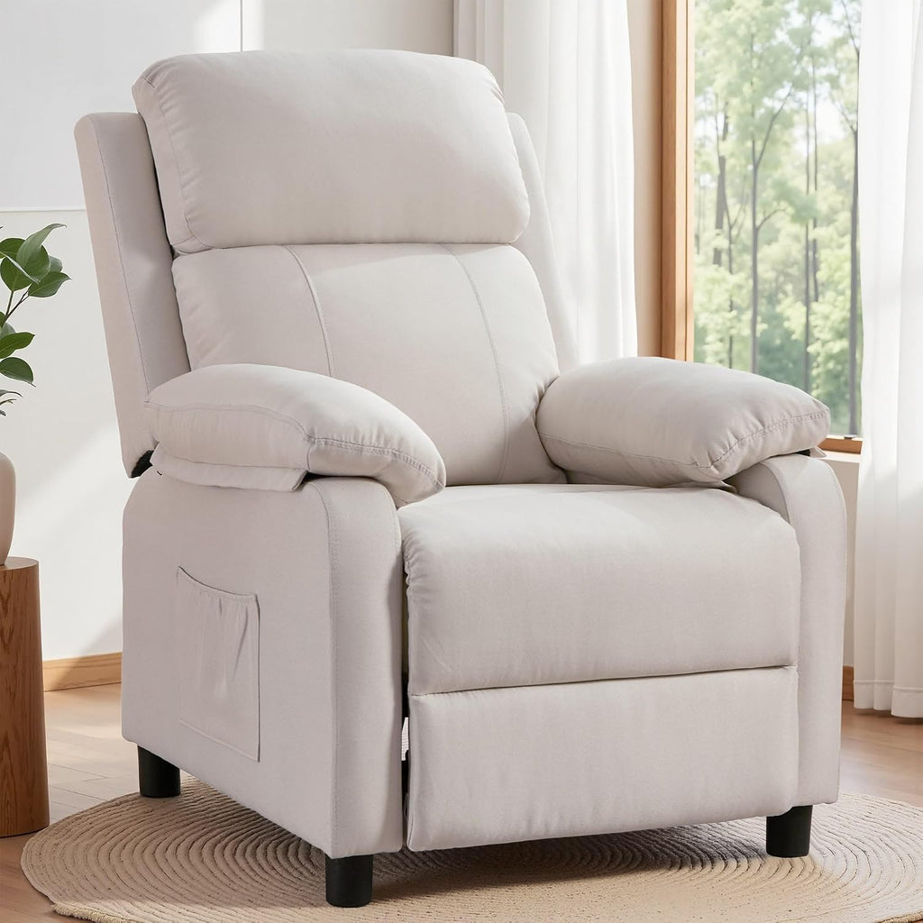 Korser Recliner Chair, Living Room Chairs for Adults, Padded Deep Seat Reading Chair with Side Pockets, Small Recliners for Small Spaces, Lounge Chair for Living Room, Bedroom, and RV (Linen)
