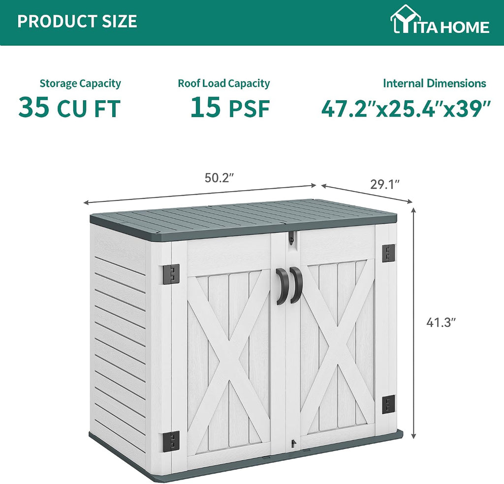 YITAHOME Outdoor Horizontal Storage Shed with X-Shaped Lockable Door, 35 Cu Ft Weatherproof Resin Tool Shed w/o Shelf, Ideal for Bike, Trash Cans, Garden Tools, Lawn Mowers, Light Gray