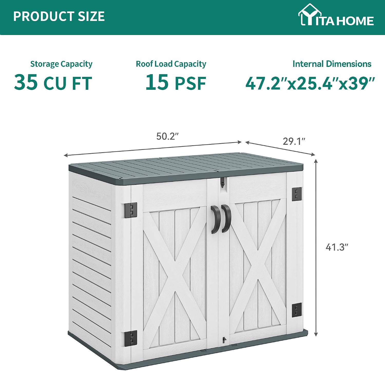 YITAHOME Outdoor Horizontal Storage Shed with X-Shaped Lockable Door, 35 Cu Ft Weatherproof Resin Tool Shed w/o Shelf, Ideal for Bike, Trash Cans, Garden Tools, Lawn Mowers, Light Gray