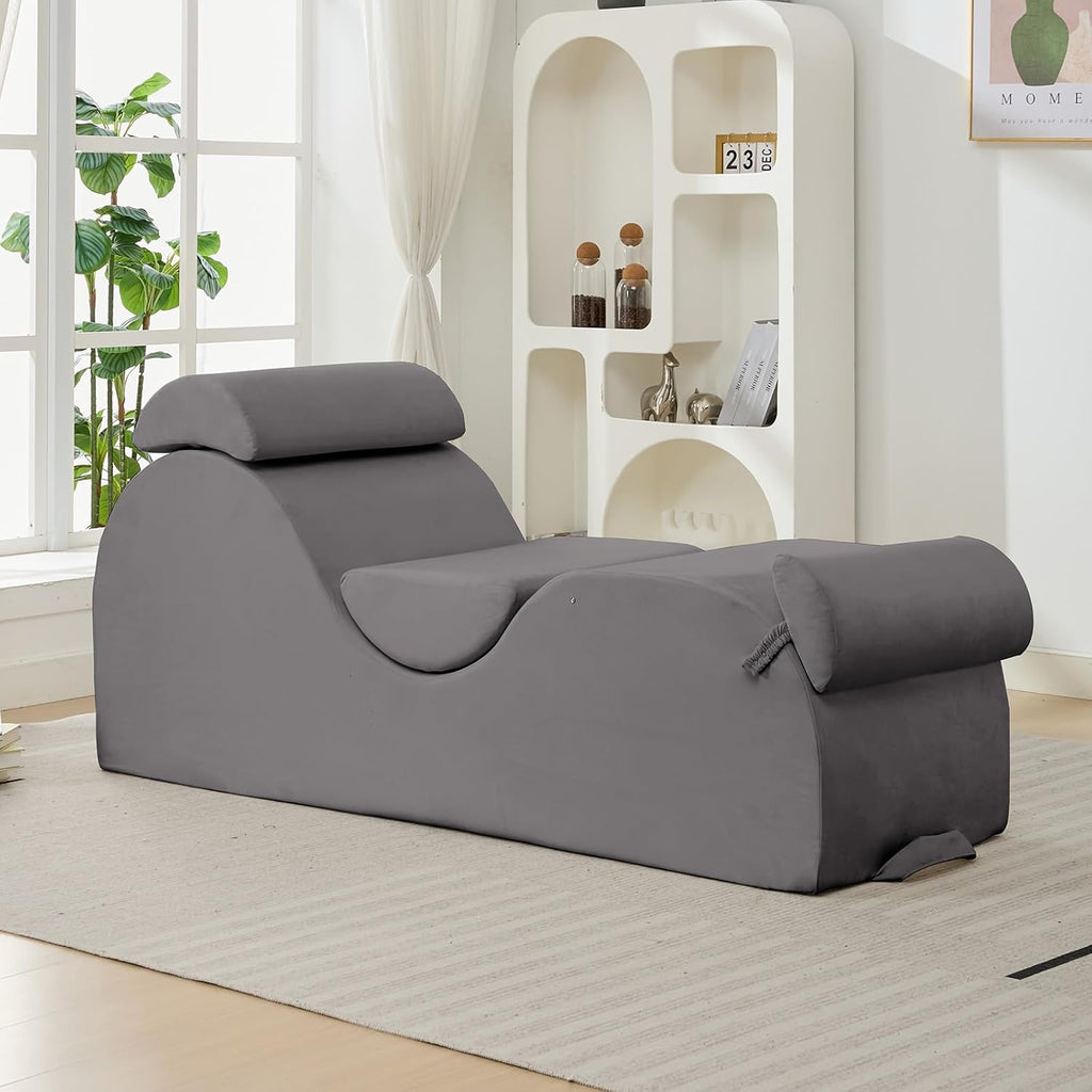 ijuicy 25 Inch Yoga Stretching Chair, Soft Velvet Household Workout Training Chair, Indoor Leisure Lounge Chair with Headrest and Movable Footrest for Body Stretching & Daily Relaxation, Light Grey