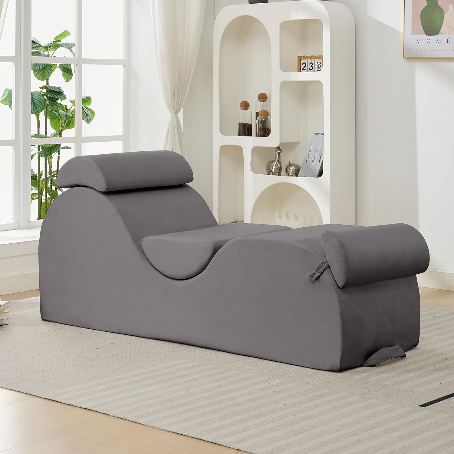 ijuicy 25 Inch Yoga Stretching Chair, Soft Velvet Household Workout Training Chair, Indoor Leisure Lounge Chair with Headrest and Movable Footrest for Body Stretching & Daily Relaxation, Light Grey