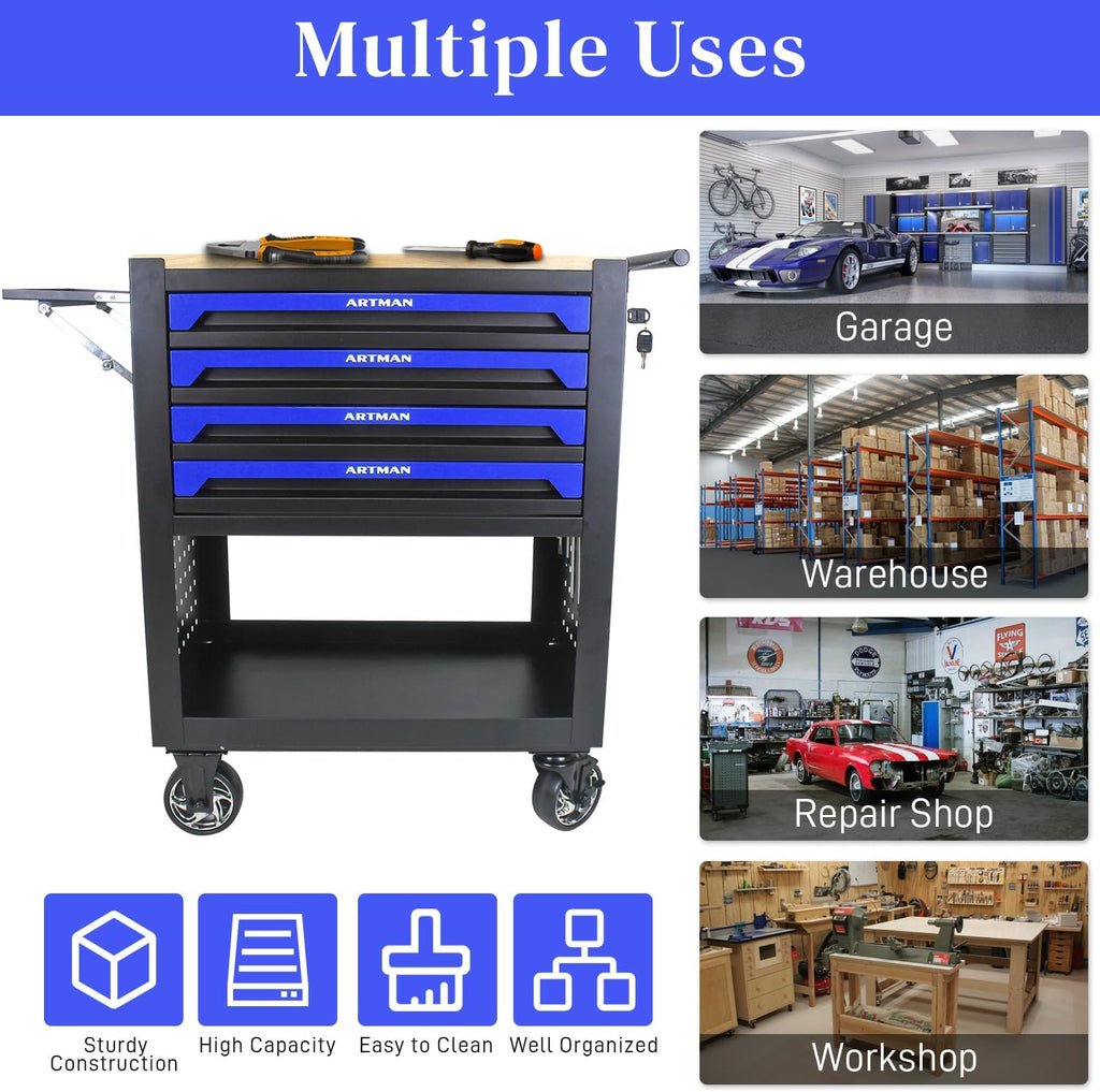 Rolling Tool Cart with 4-Drawer Wood Top Utility Tool Chest on Wheels Mechanic Tool Storage Organizer Cabinet for Garage, Warehouse, Workshop, Repair Shop (Blue)