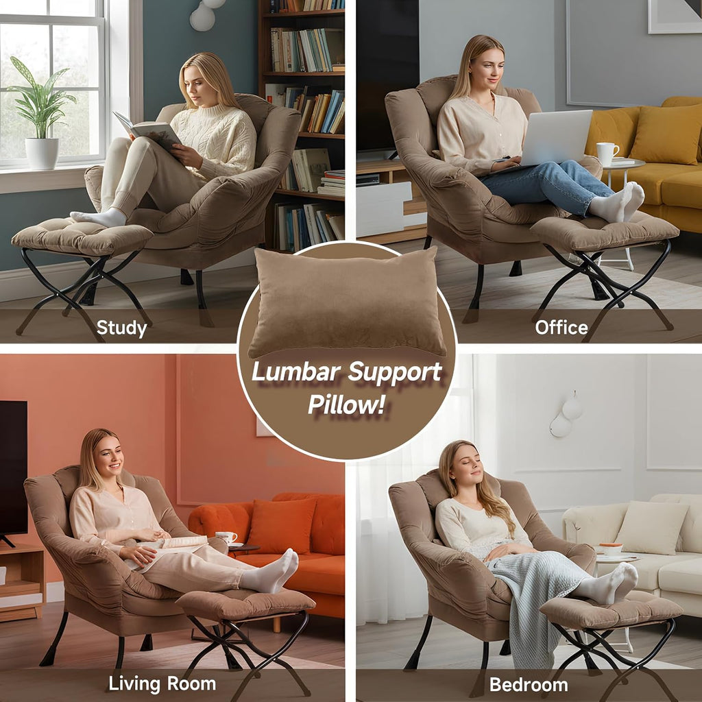 Lazy Chair with Ottoman, Modern Accent Chair with Lumbar Pillow, Velvet Khaki Sofa, Armchairs with Folding Footrest, Oversized Supportive Chairs for Bedroom, Reading