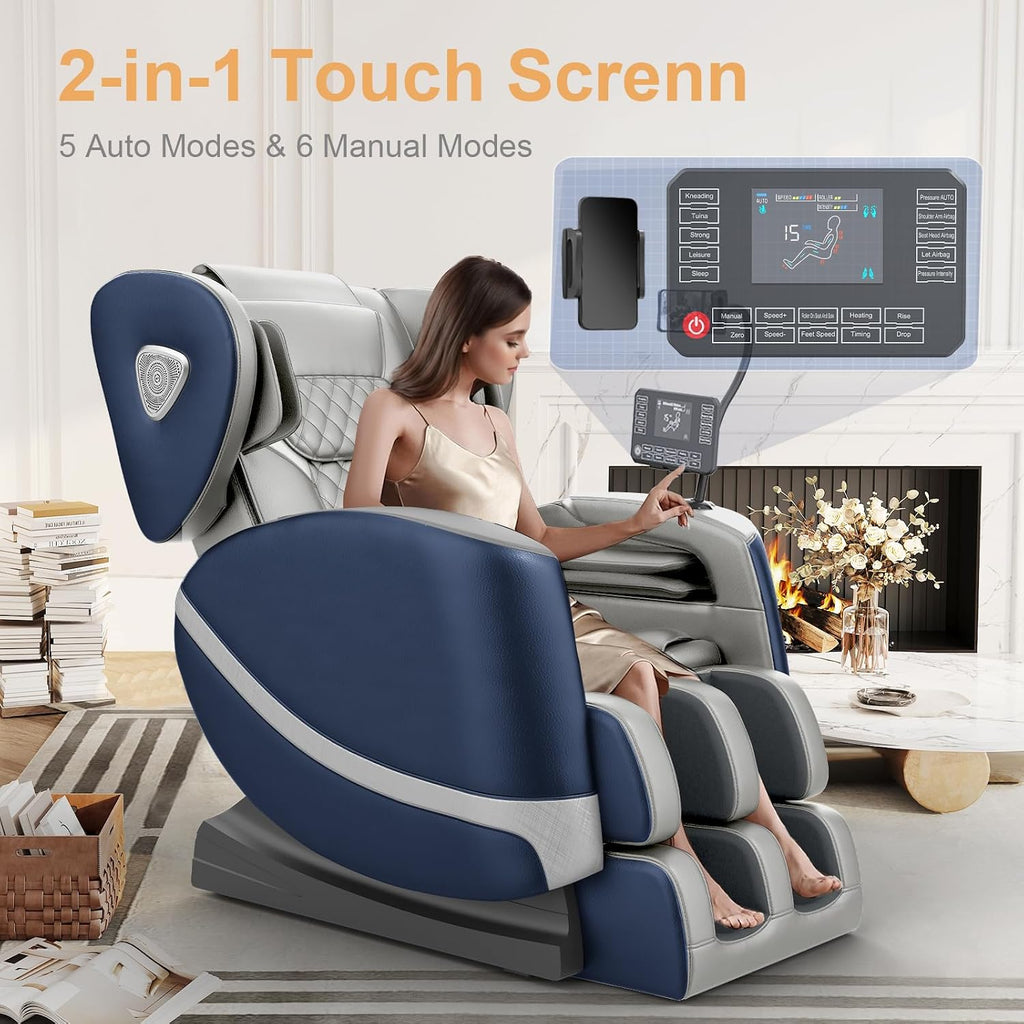 FURNIMAT 2026 Massage Chair Full Body, Zero Gravity Massage Chair with 10 Fix Rollers, Airbags, Heating, Foot Massage, Auto Modes, Bluetooth Speaker, Smart Screen Controller(Leather Blue)