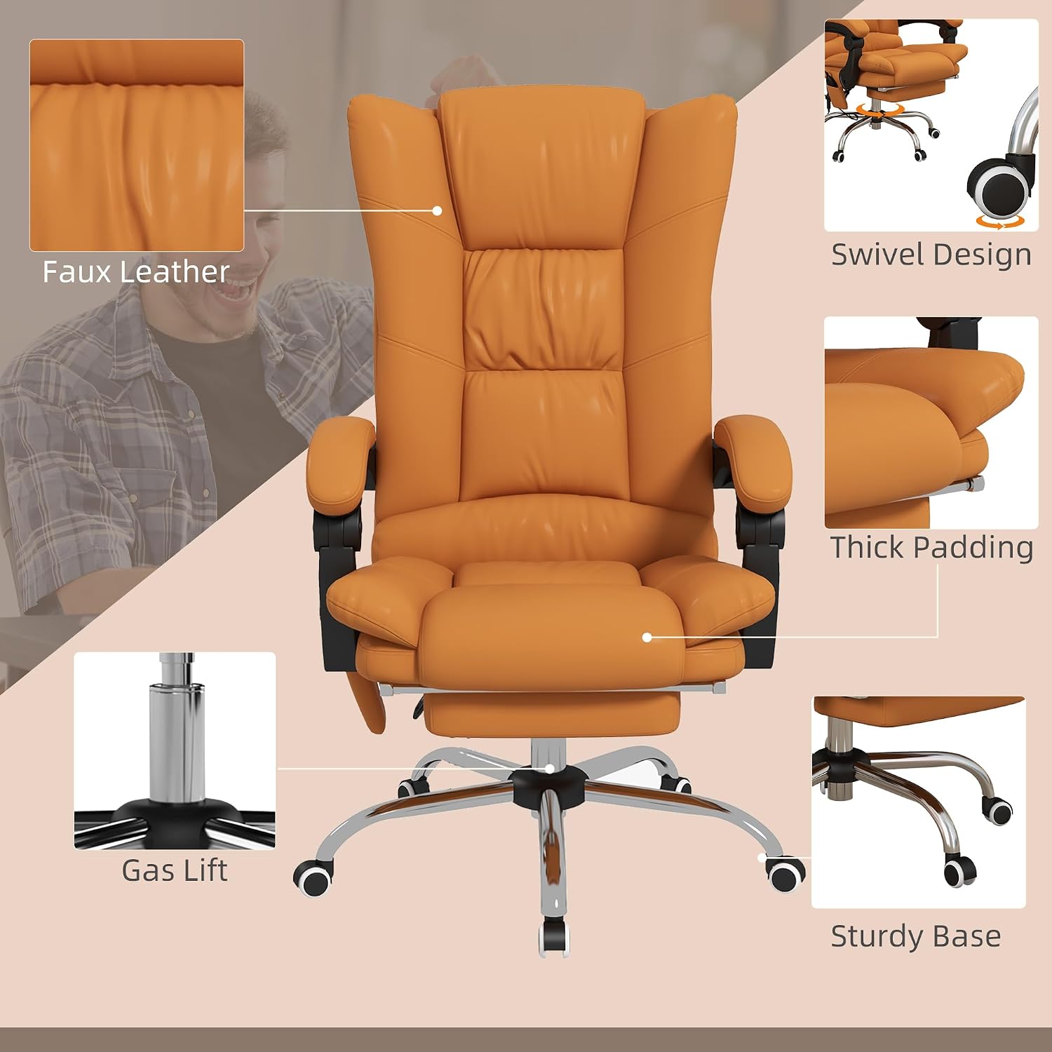 Vinsetto Executive Massage Office Chair with 4 Vibration and Heat, 3 Modes, PU Leather Swivel Chair with Adjustable Height, Reclining Back, and Footrest, Light Brown