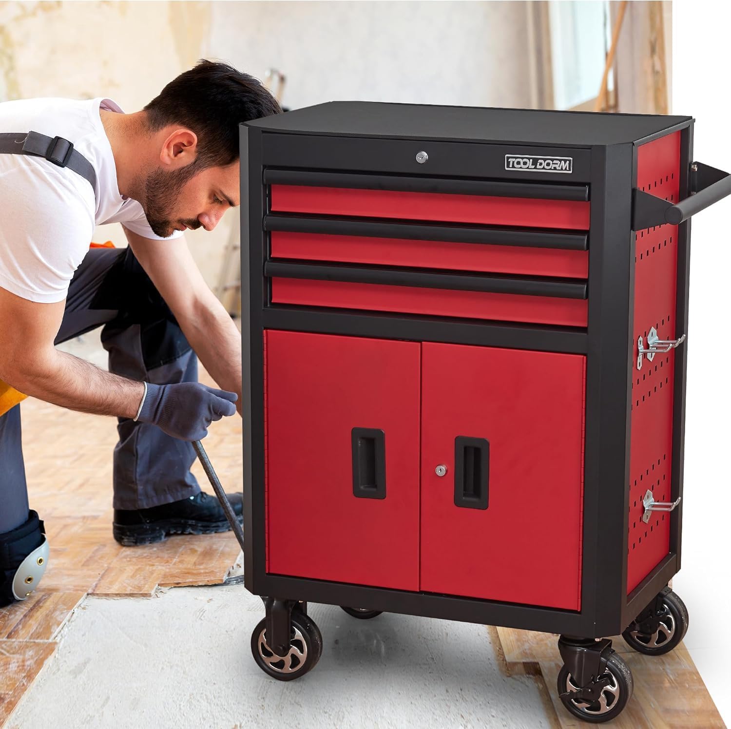 Rolling Tool Chest with Locking Wheels - Tool Box with 3 Drawers & 1 Big Tool Cabinet with 2 Door, 18.5' D x 28' W x 40' H Mobile Tool Storage Cabinet, Heavy-Duty Garage Organizer w/Ergonomic Handle