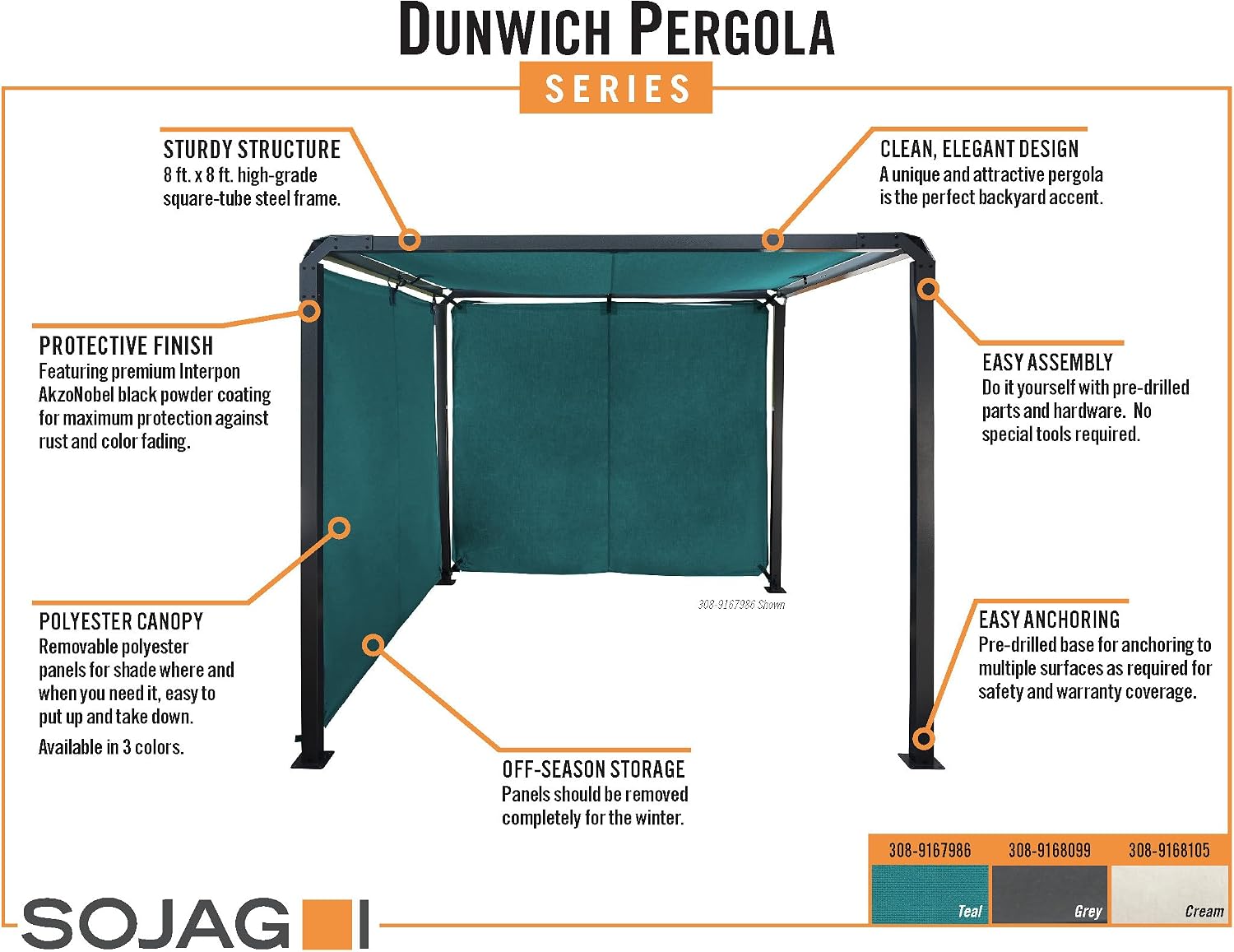 Sojag Outdoor 8' x 8' Dunwich Pergola Open Gazebo, Teal