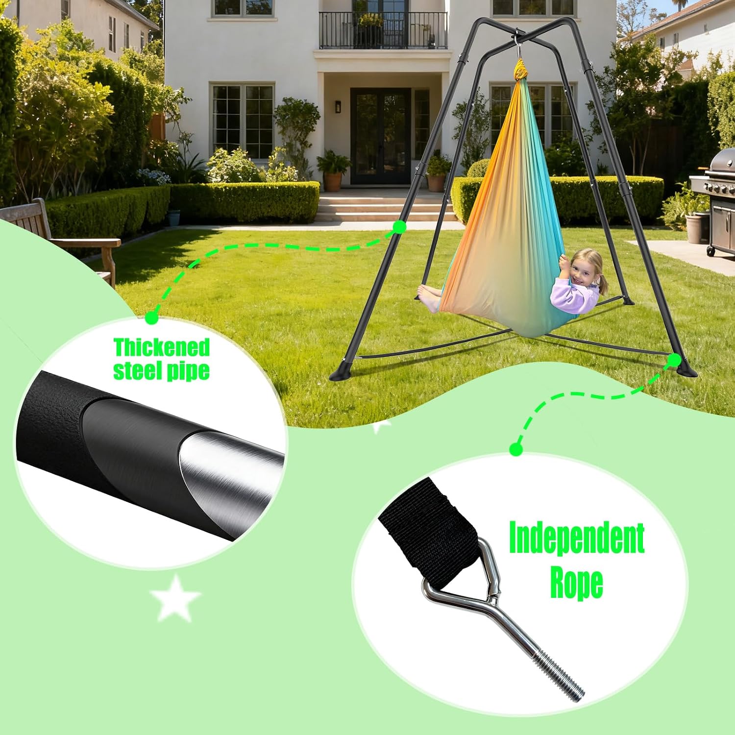 Swing Stand Frame with Sensory Pod Swings and Chair,X-Shaped Swing Set，Heavy-Duty Metal Hammock Chair Stand，Kids & Adults, Indoor Outdoor 330LBS(Green)