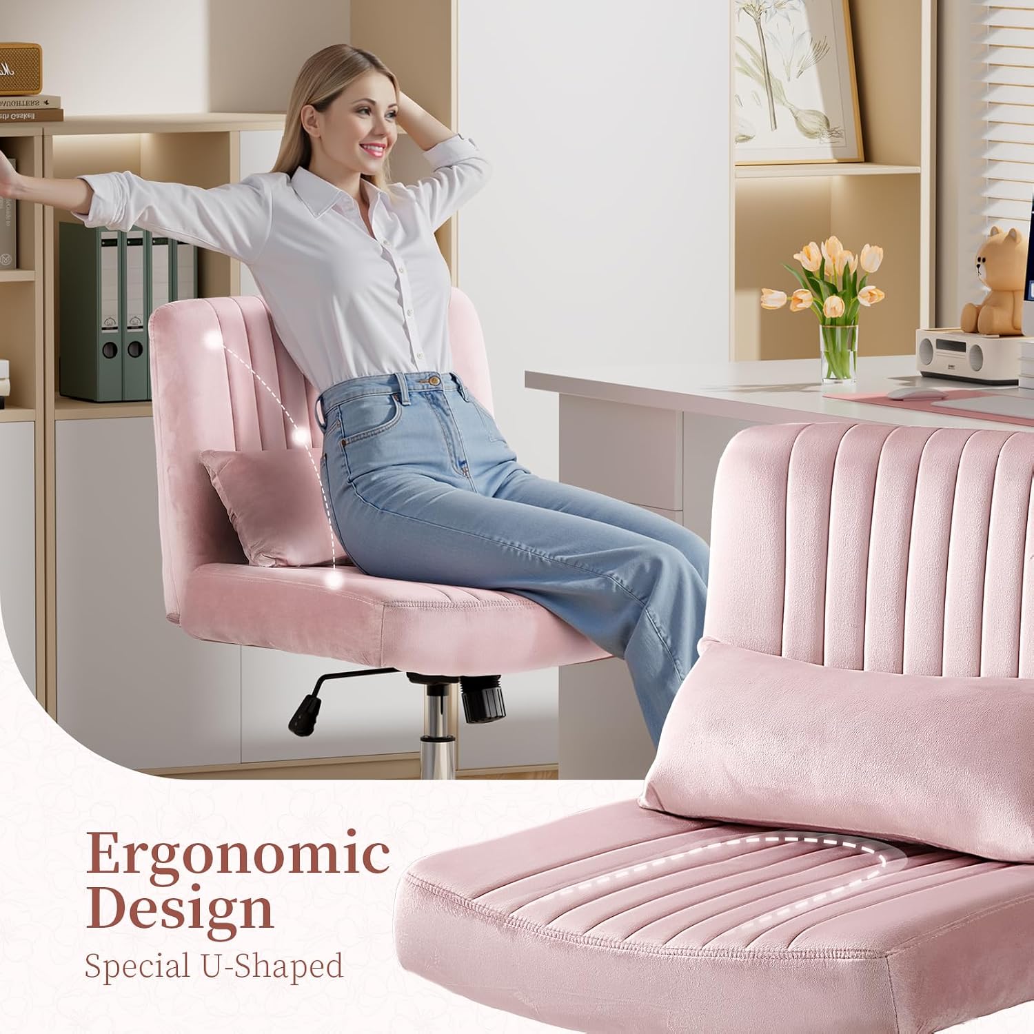 Velvet Criss Cross Chair with Wheels, Luxury Cross Legged Office Chair, Comfy Desk Chair for Home Office, Wide Seat Computer Chair, Armless Vanity Chair, Birthday Gift for Girls & Women, Blush Pink