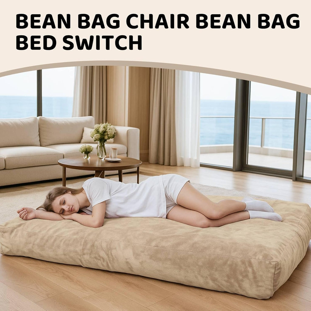 Adult Bean Bag Chair Bed, Bean Bag Sofa with Filling, Memory Foam, Comfortable Floor Sofa Bed, Boneless Floor Chair, Suitable for Living Room Bedroom Dormitory Balcony Lounge (Apricot, Chair Bed)