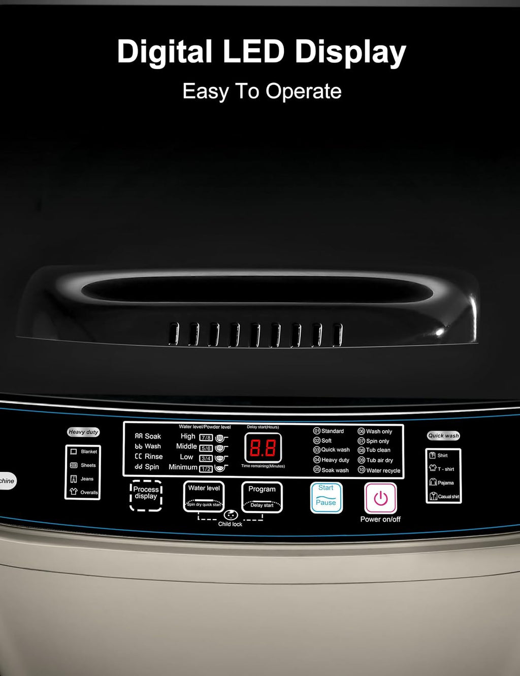 Portable Washing Machine - 2.0 Cu.ft Portable Washer Full-Automatic With LED Display, Compact Washer Ideal for Apartments, Homes, and Dorms, 10 Wash Cycles, Low Noise, IPX4 with Drain Pump