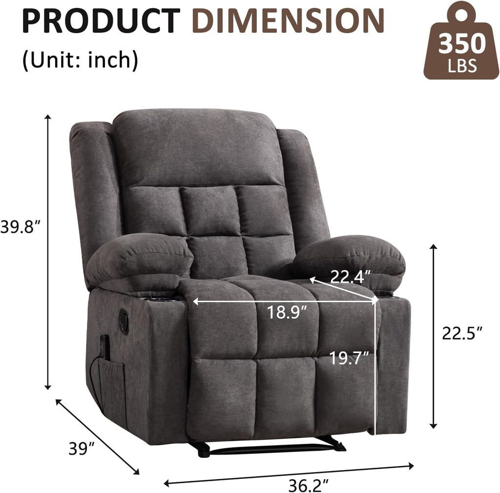 EBELLO Manual Recliner Chair for Adults with Vibration Massage and Lumbar Heating, Soft Fabric Recliner Single Sofa with Side Pocket and Two Cup Holders for Living Room, Set of Grey