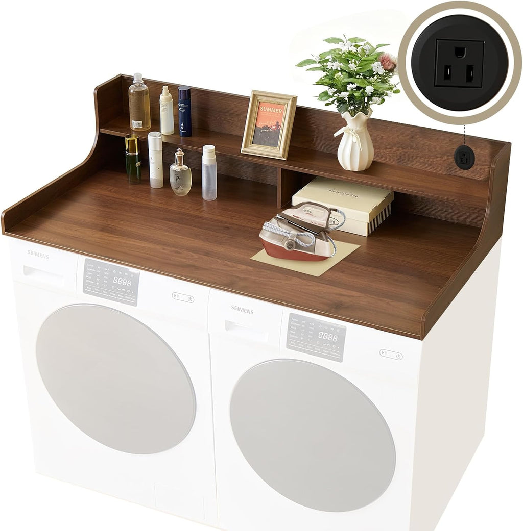 2-Tier Washer and Dryer Countertop 54' W x 27.5' D – laundry countertop over washer and dryer with Power Plug, washer countertop for Laundry Room Organization