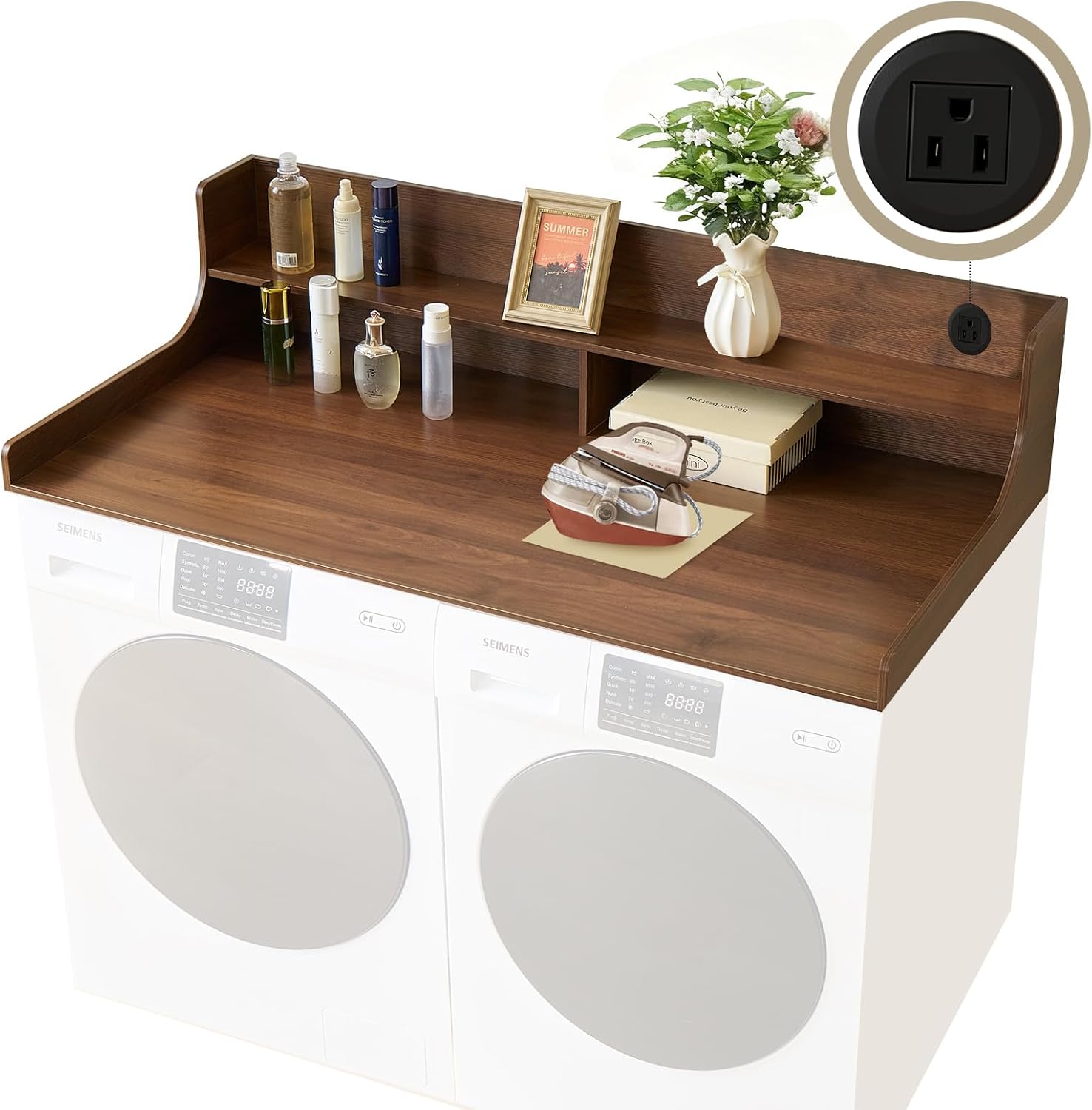 2-Tier Washer and Dryer Countertop 54' W x 27.5' D – laundry countertop over washer and dryer with Power Plug, washer countertop for Laundry Room Organization