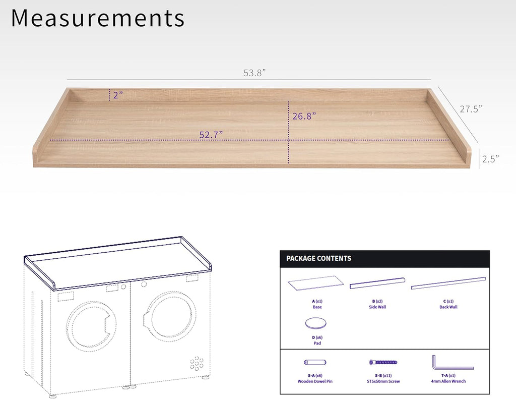 Life Finds 54 inch Washer Dryer Countertop with Safety Ledge for Laundry Room Organization, Light Wood, LF-WDCT1C