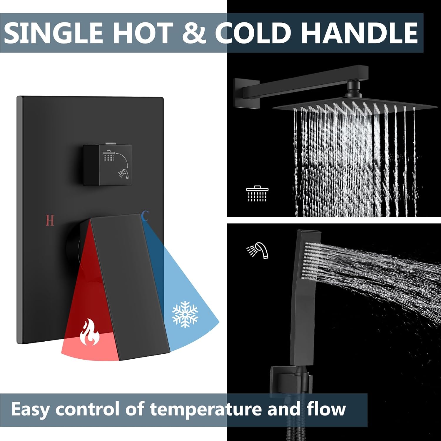 Aolemi Shower Faucet Set Rain Shower System with Handheld Spray Bathroom Shower Combo Rough-in Valve and Shower Trim Kit Included Matte Black 10 Inch Wall Mount Shower Head