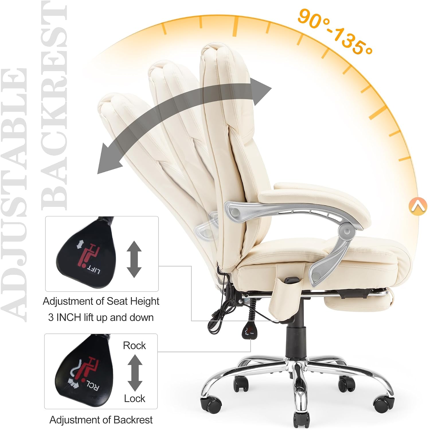 HOMREST Executive Office Chair with Footrest, 6-Point Massage Office Chair with Reclining Backrest, Heated Leather Computer Chair for Home Office(Cream)