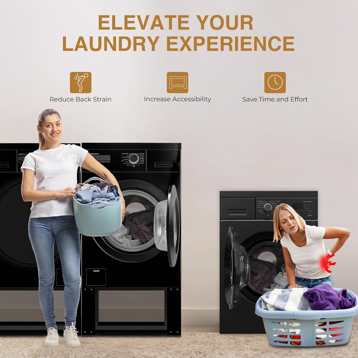 Washer and Dryer Pedestals Set of 2- Fit 27 and 28 Inch, Laundry Pedestal for Washer and Dryer , Alloy Steel Washing Machine Stand Raiser, Washer and Dryer Stand 15.75'' Height Black