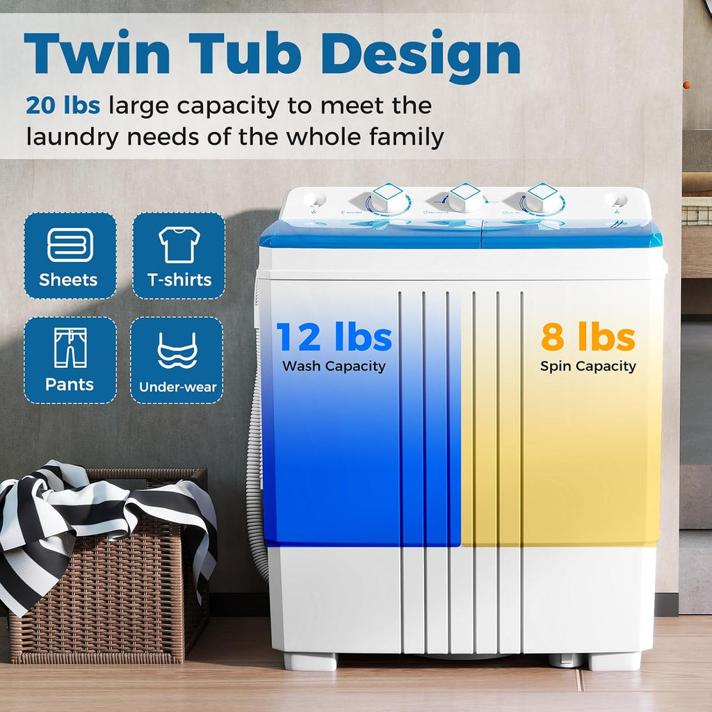 COSTWAY Portable Washing Machine, Twin Tub 20 Lbs Capacity with Drain Pump, Laundry Washer 12 Lbs and Spinner 8 Lbs with Timer Control, Perfect for Apartment Dorm RV, Blue+White