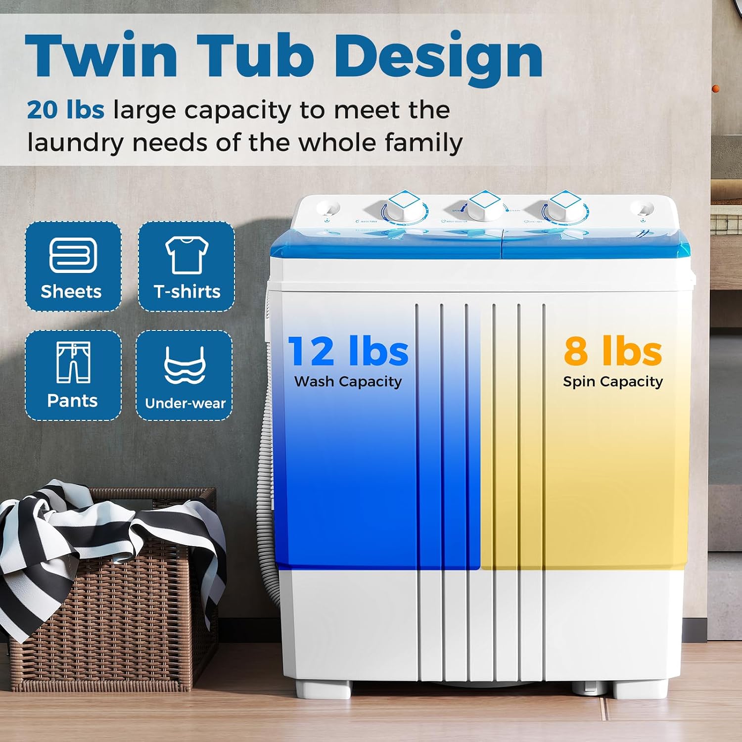 COSTWAY Portable Washing Machine, Twin Tub 20 Lbs Capacity with Drain Pump, Laundry Washer 12 Lbs and Spinner 8 Lbs with Timer Control, Perfect for Apartment Dorm RV, Blue+White