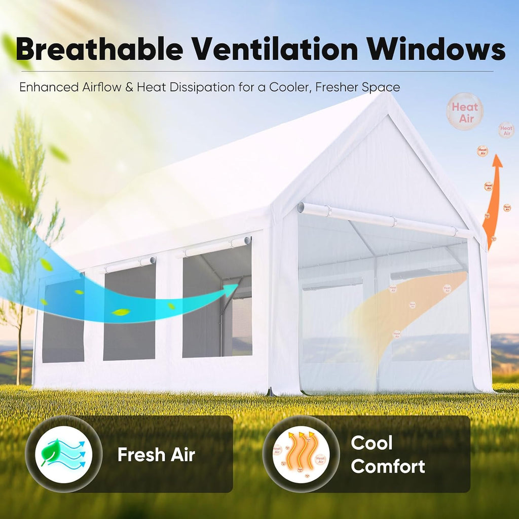 Quictent 10x20 ft Heavy Duty Carport Canopy, Waterproof Outdoor Shelter with Ultra-High Peak & Ventilation Windows, Portable Garage for Parking, Storage, Events & Wedding, Whtie