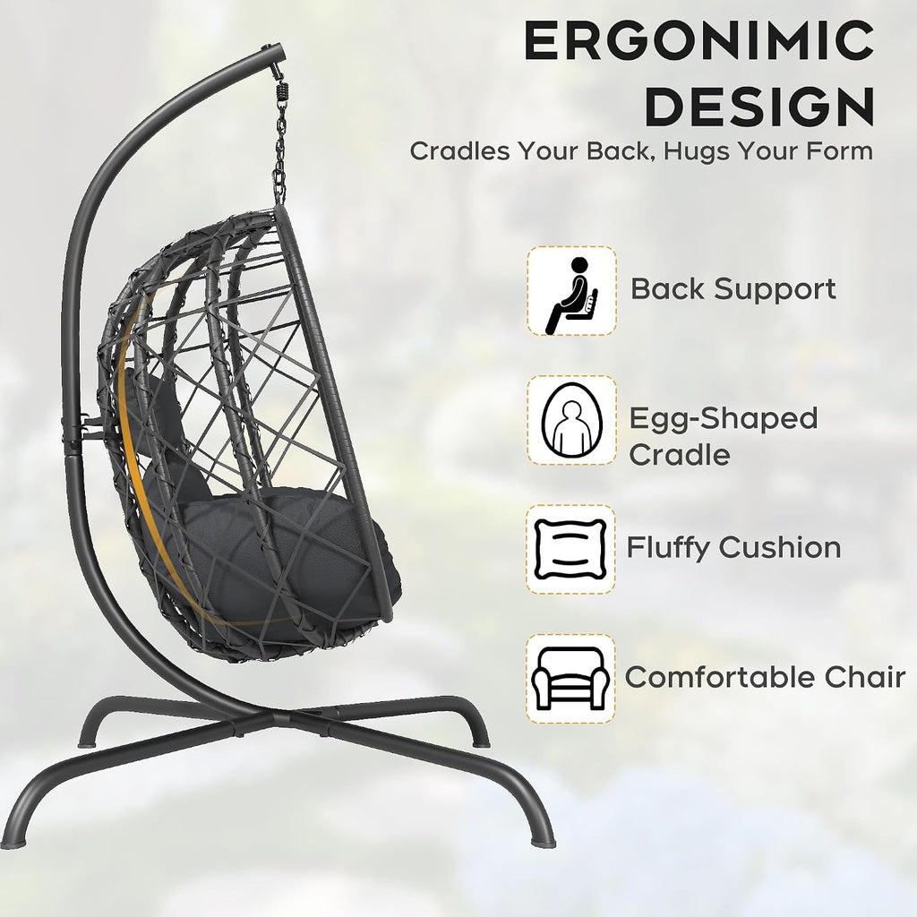 Foldable Hanging Egg Chair with Stand - Wicker Swing Hammock Chair with Cushion - for Patio Porch Balcony Weight Capacity 350lbs (Dark Gray)