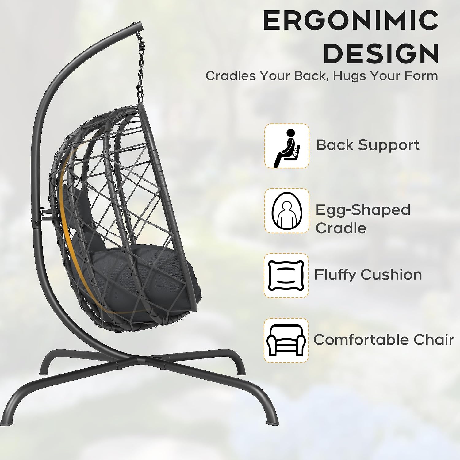 Foldable Hanging Egg Chair with Stand - Wicker Swing Hammock Chair with Cushion - for Patio Porch Balcony Weight Capacity 350lbs (Dark Gray)