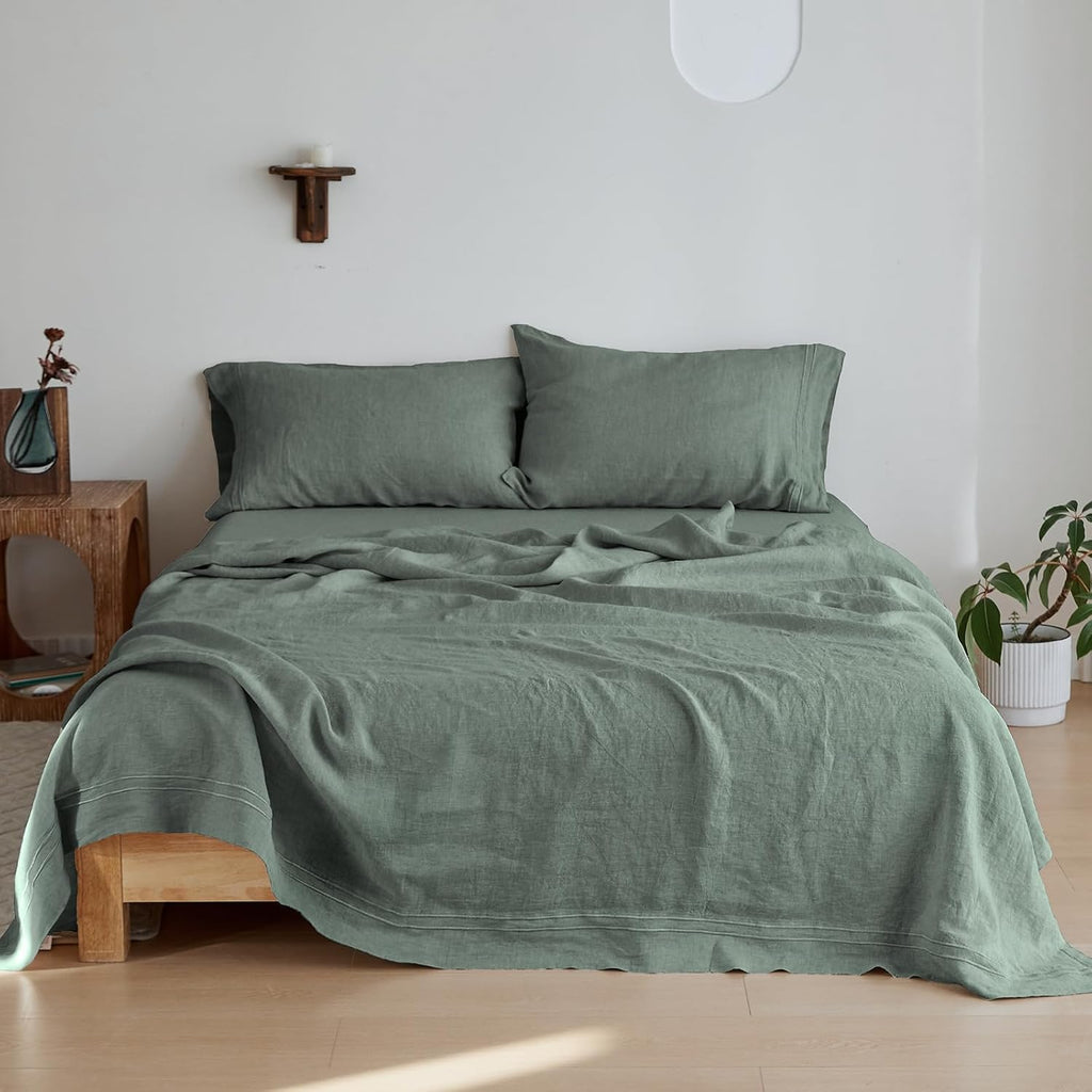 Simple&Opulence 100% Linen Sheet Set 4 Pieces Natural France Flax Bed Sheet (1 Flat Sheet, 1 Fitted Sheet, 2 Pillowcases) Breathable Luxury Hotel Bedding - Embroidery Cushing Green, Queen Size