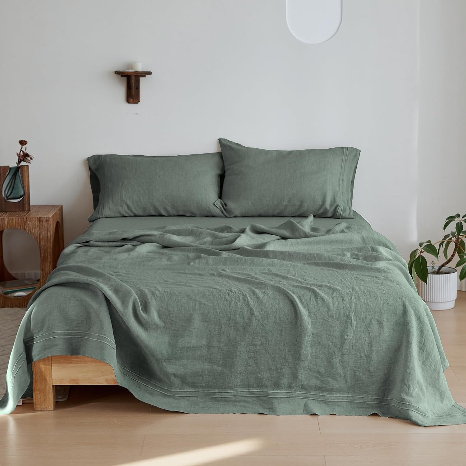 Simple&Opulence 100% Linen Sheet Set 4 Pieces Natural France Flax Bed Sheet (1 Flat Sheet, 1 Fitted Sheet, 2 Pillowcases) Breathable Luxury Hotel Bedding - Embroidery Cushing Green, Queen Size