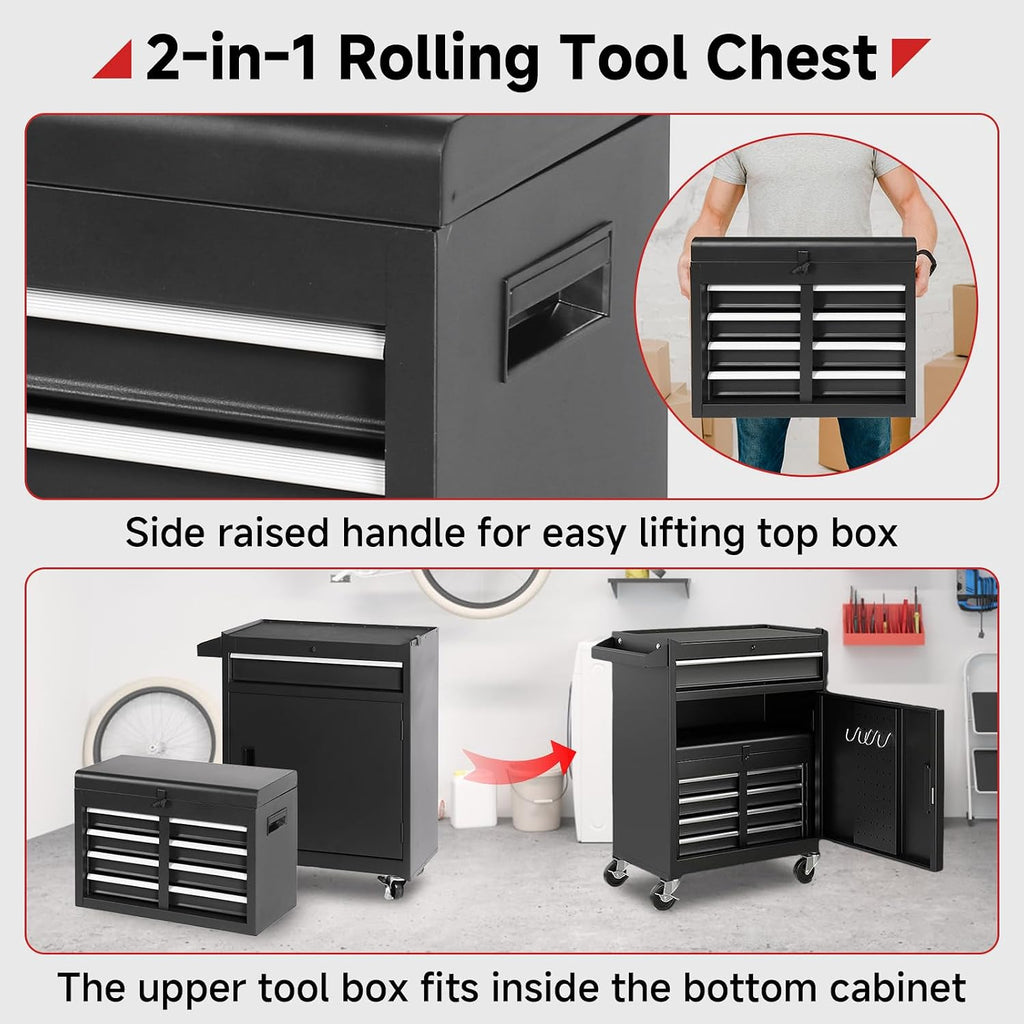 Rovibek Rolling Tool Chest, 5-Drawer Rolling Tool Chest with Detachable Top Toolbox, Lock Bar, Tool Rack, Metal Tool Box for Garage Workshop Warehouse, Black