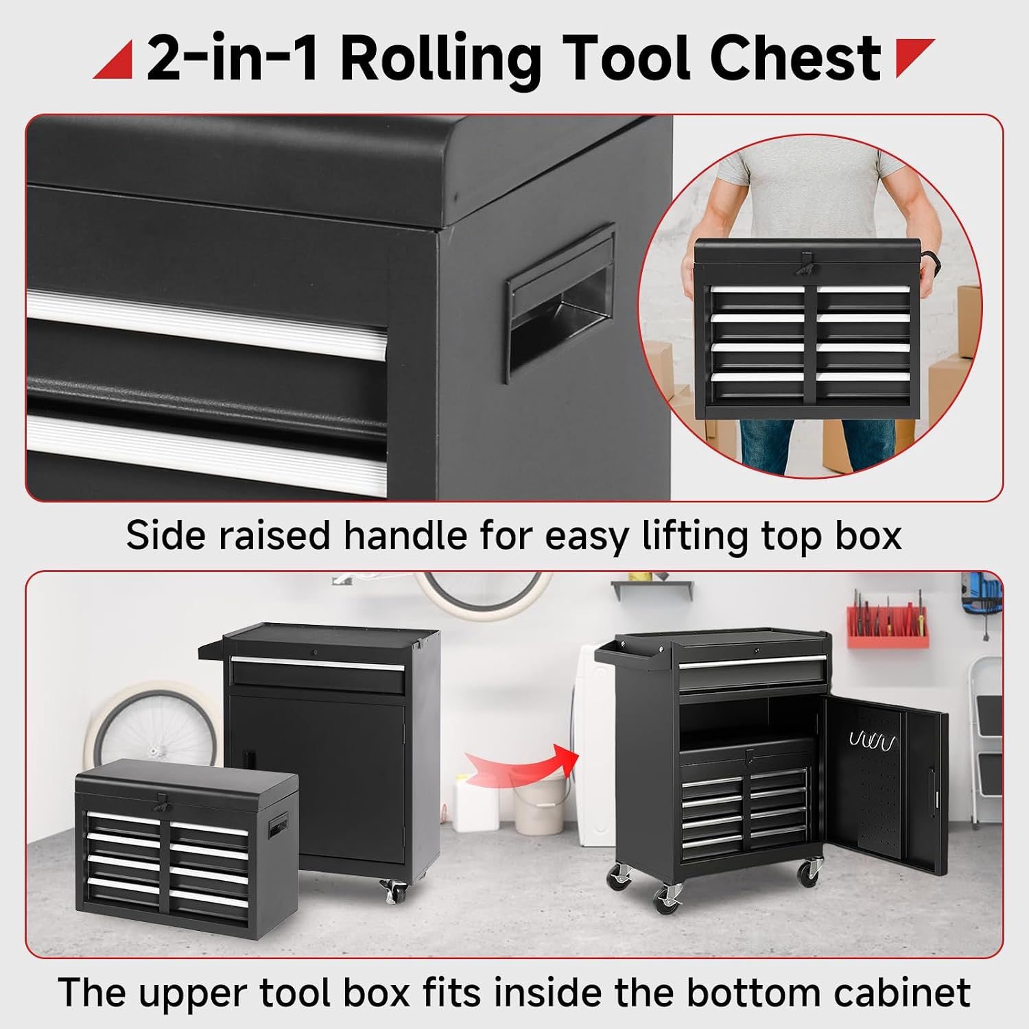 Rovibek Rolling Tool Chest, 5-Drawer Rolling Tool Chest with Detachable Top Toolbox, Lock Bar, Tool Rack, Metal Tool Box for Garage Workshop Warehouse, Black