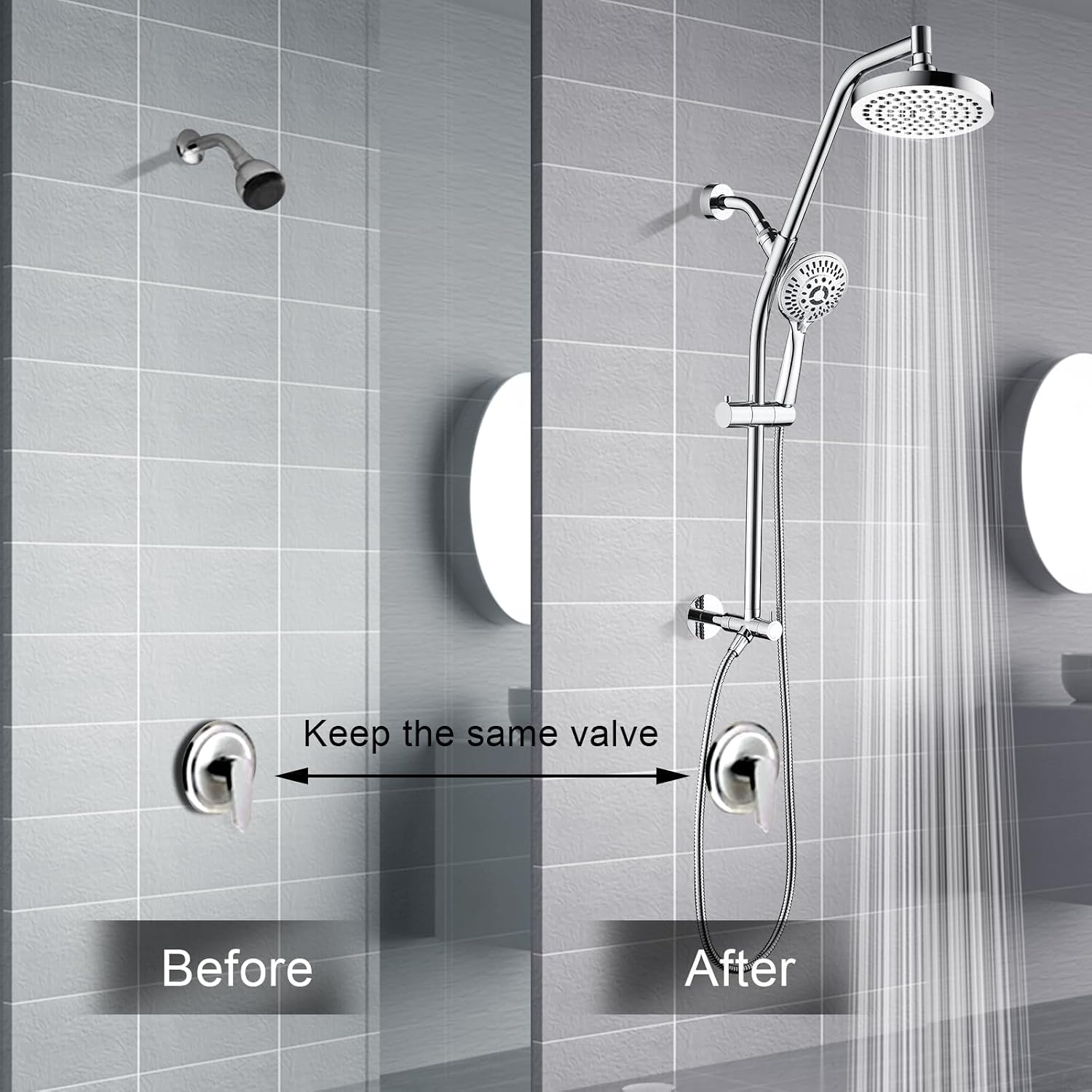 BRIGHT SHOWERS Rain Shower Head Combo with Solid Brass Slide Bar & Diverter, Dual High Pressure Shower Heads with 5-Setting Handheld, Adjustable Height, 60' Stainless Hose, Brushed Nickel