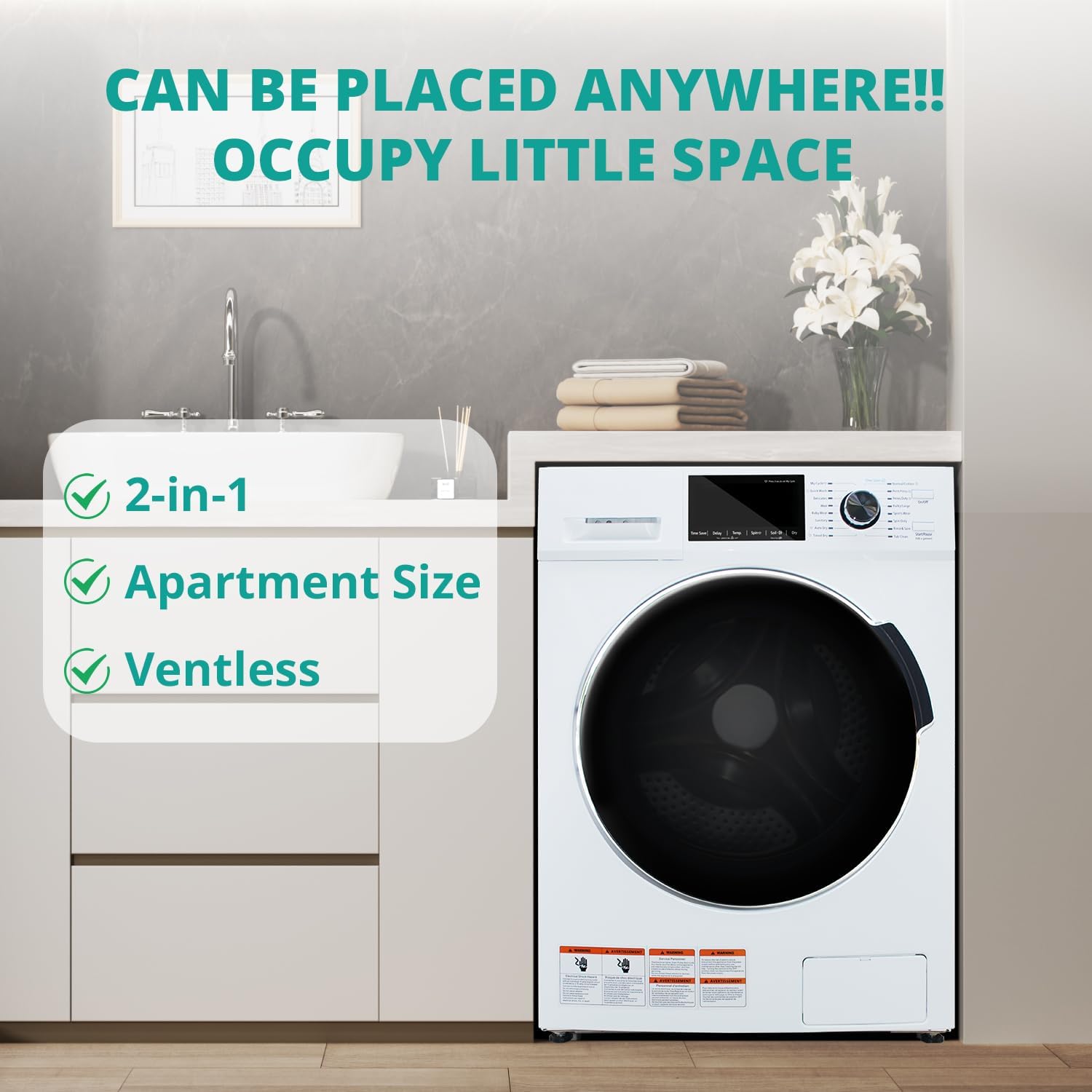Washer and Dryer Combo, 120V All In One Ventless Compact 2.7 Cu.ft 24 Inch Large Capacity, Lavadora y Secadora 2 in 1 for RV Apartment Home, Child lock, Full-Automatic, Overnight Wash and Dry