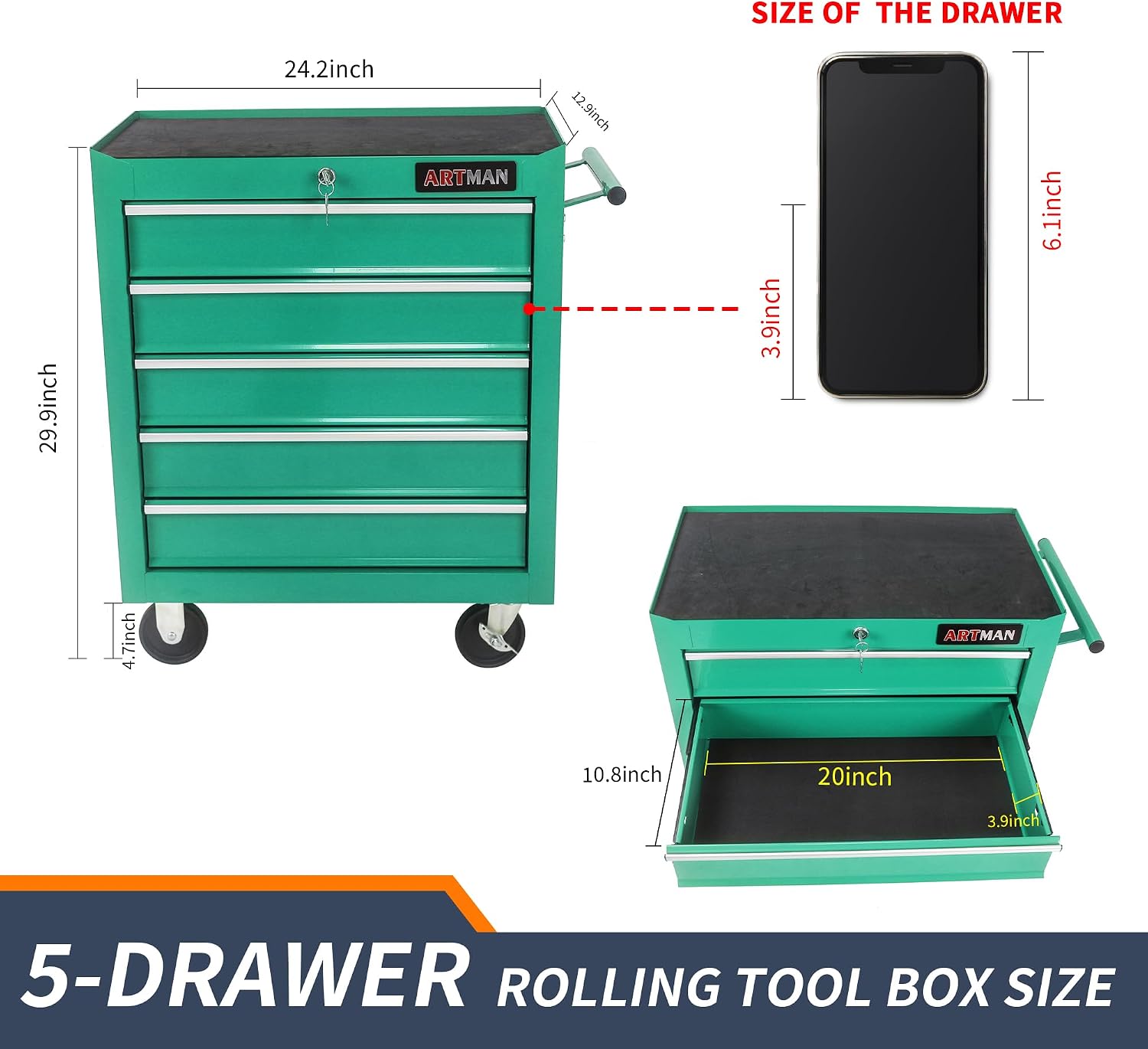 Larmliss 5 Drawers Rolling Tool Box，Tool Chest on Wheels, Lockable Tool Storage Cabinet Organizer Cabinet for Garage, Warehouse, Repair Shop, Workshop