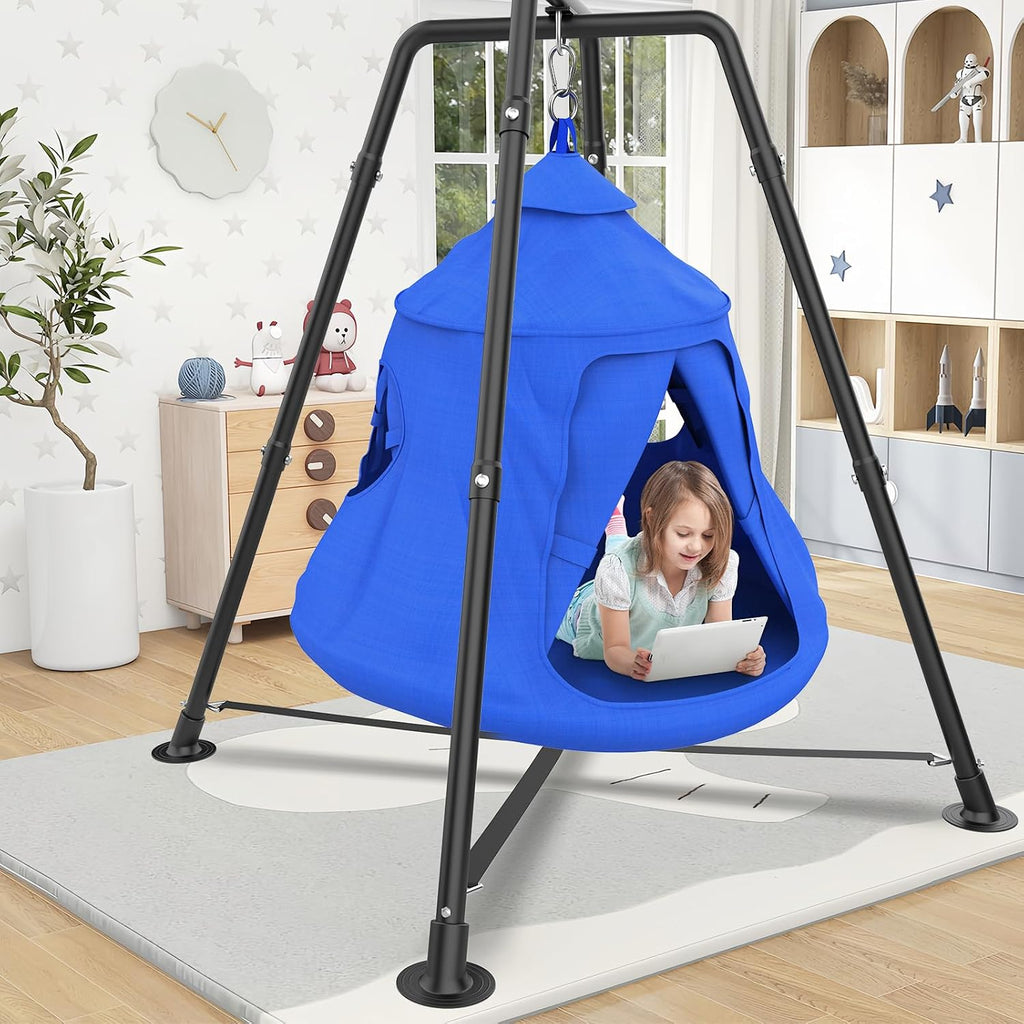 Swing Set with Tent Swing, X-Shaped Swing Frame with Sensory Swing, Tent Swing with Swing Stand, Hammock Chair with Stand, 330 lbs Capacity, w/Rainbow Lights String, Indoor/Outdoor Use(Blue)