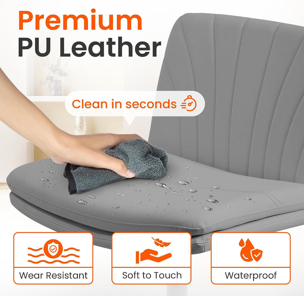 Orange Factory Criss Cross Chair with Wheels Comfy Wide Vanity Desk Chair Dual Base Leather Armless Adjustable Swivel for Home Computer Task (Grey Pu, Faux Leather)