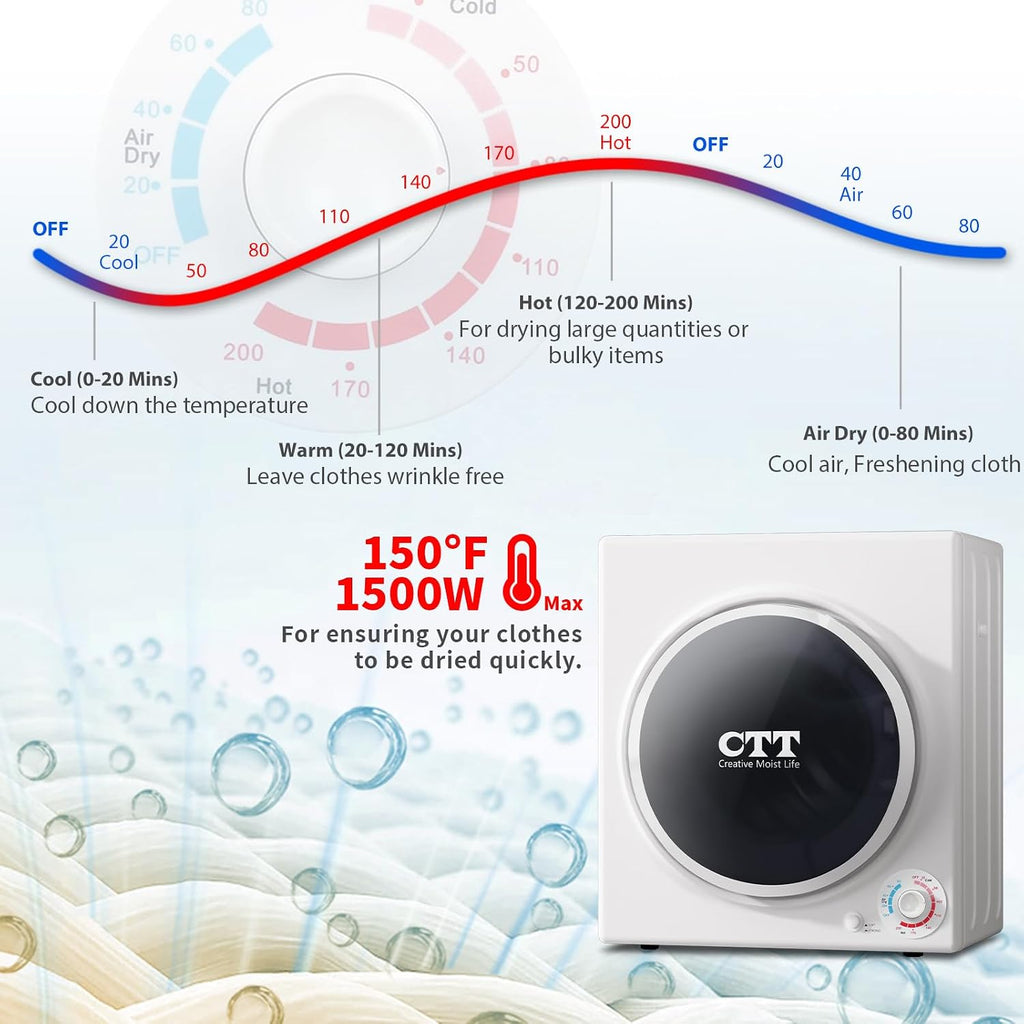 CTT Portable Dryers for Laundry 1500W, 3.5 Cu.ft Portable Clothes Dryer with 4 Dring Mode, Front Load Clothes Dryer Machine for Home, Apartment,Auto-shutt off,White