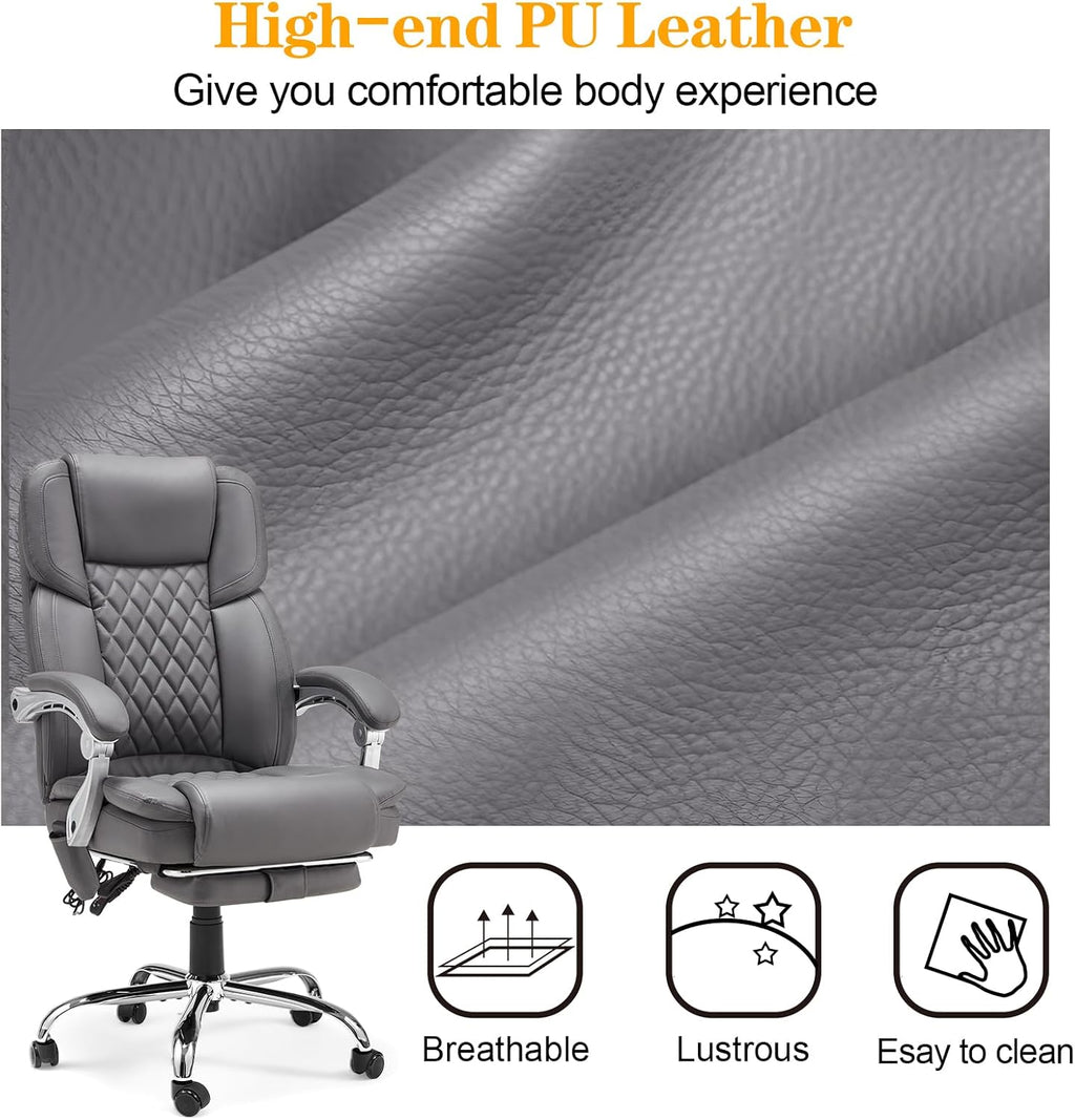 HOMREST 6-Point Massage Office Chair with Heat, Executive Office Chair with Footrest, Leather Computer Desk Chair with 135°Reclining Backrest for Home Office, Grey