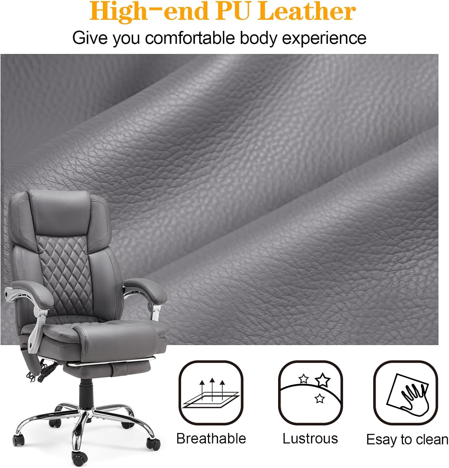 HOMREST 6-Point Massage Office Chair with Heat, Executive Office Chair with Footrest, Leather Computer Desk Chair with 135°Reclining Backrest for Home Office, Grey
