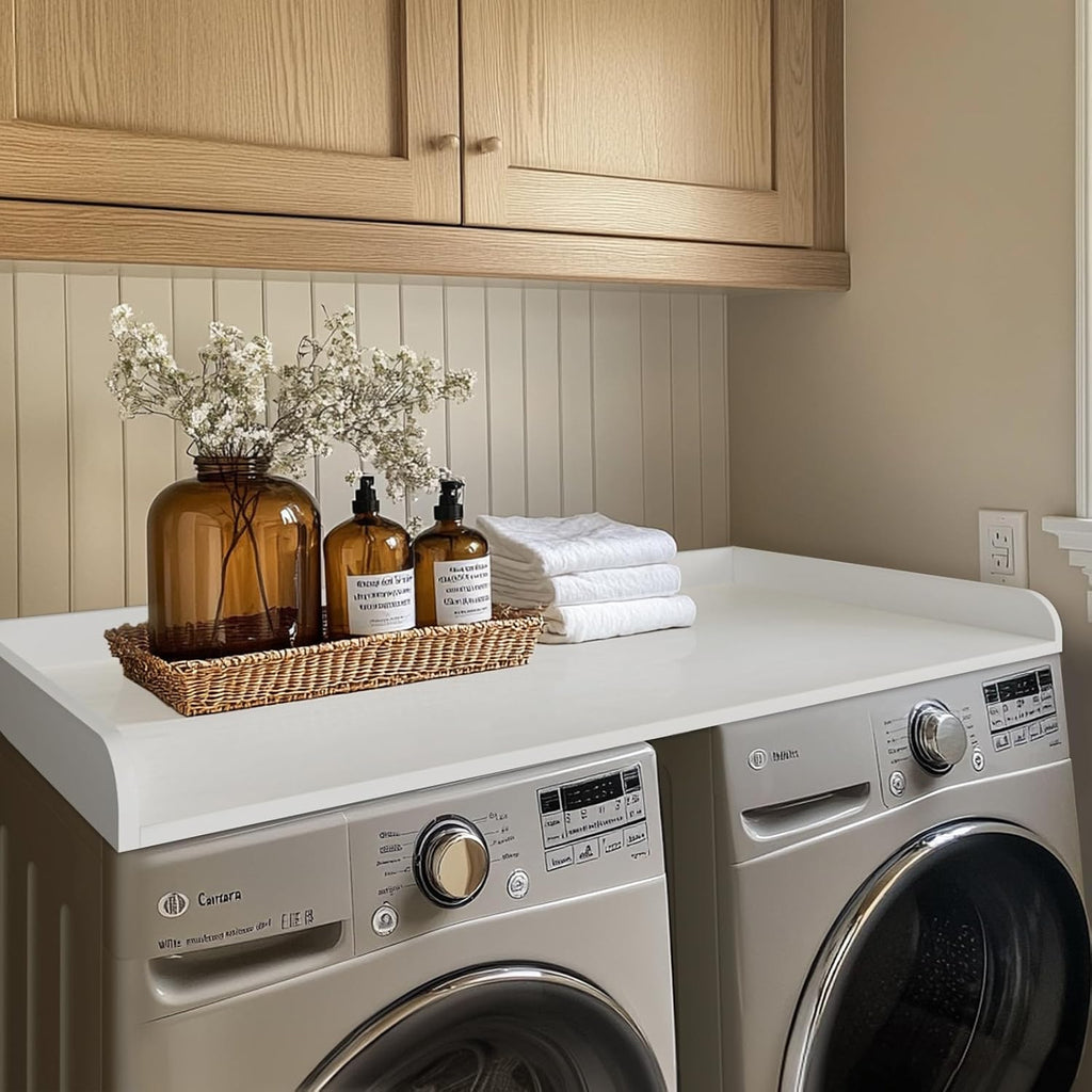 Kaboon Washer Dryer Countertop, Melamine Countertop with Edge Rails - 27.5' Depth x 54' Width Laundry Room Organization, White