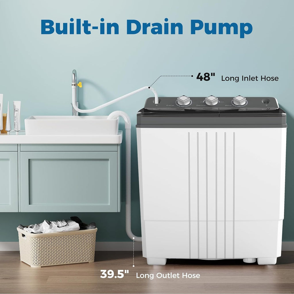 COSTWAY Portable Washing Machine, Twin Tub 20 Lbs Capacity with Drain Pump, Laundry Washer 12 Lbs and Spinner 8 Lbs with Timer Control, Perfect for Apartment Dorm RV, Grey+White